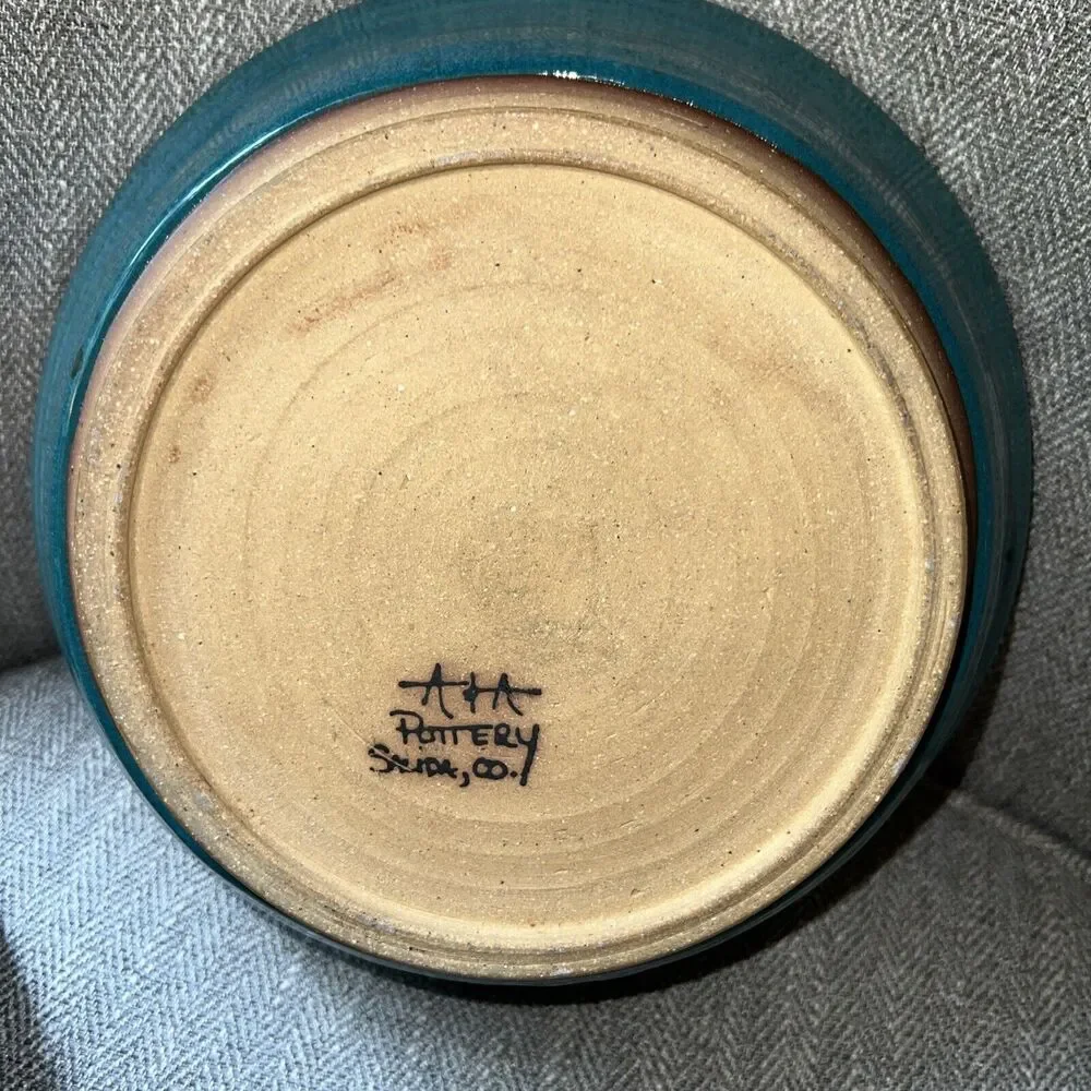Vintage A&A Art Pottery Centerpiece Bowl Teal Blue Aztec Design Bear RARE